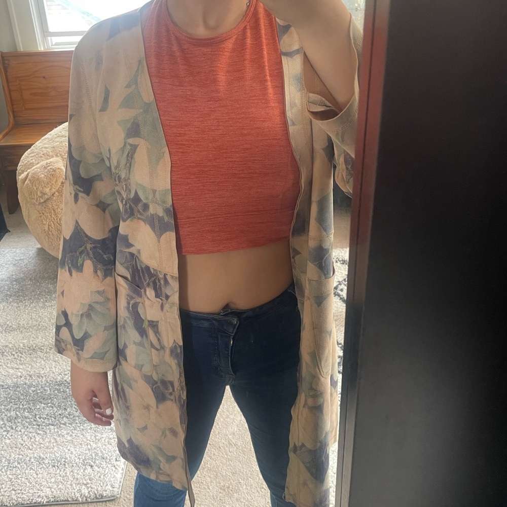 Tan Leaf Print Cardigan Knee Length